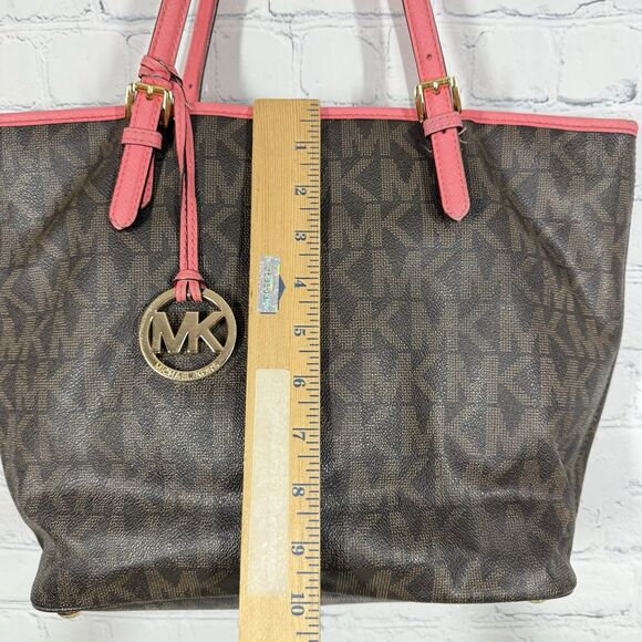Michael Kors Tore Shoulder Bag Women Monogram MK logo Brown Pink Medium Jet Set - Picture 5 of 16